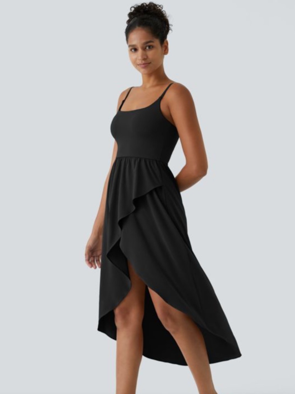 HALARA Black High-Low Ruffle Midi Dress